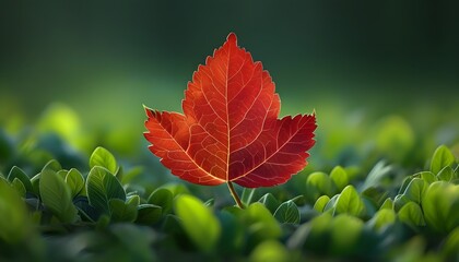 Wall Mural - Isolated Red Leaf Amidst Green Foliage Highlighting Uniqueness and Natural Contrast