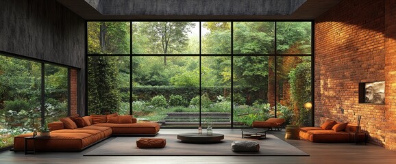 Modern living room with large windows overlooking a lush green garden