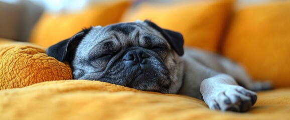 Wall Mural - Sleeping Pug Dog on a Yellow Blanket