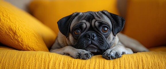 Wall Mural - Adorable Pug Dog Relaxing on a Yellow Couch