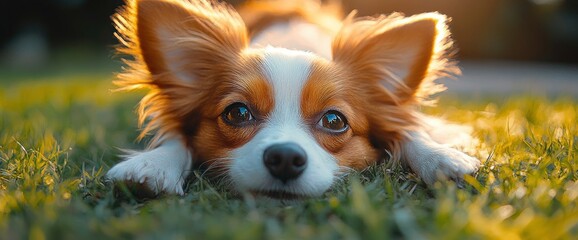 Wall Mural - Adorable Dog Relaxing in Golden Hour Sunlight