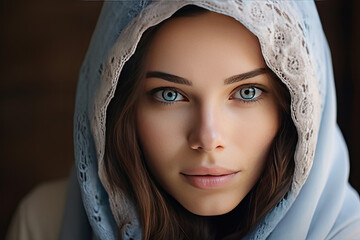 A close-up portrait of a girl with expressive eyes and long eyelashes. The woman is wearing black clothing against an indoor background, showcasing her distinct features.