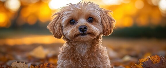 Poster - Adorable Brown and White Puppy Sitting in Autumn Leaves