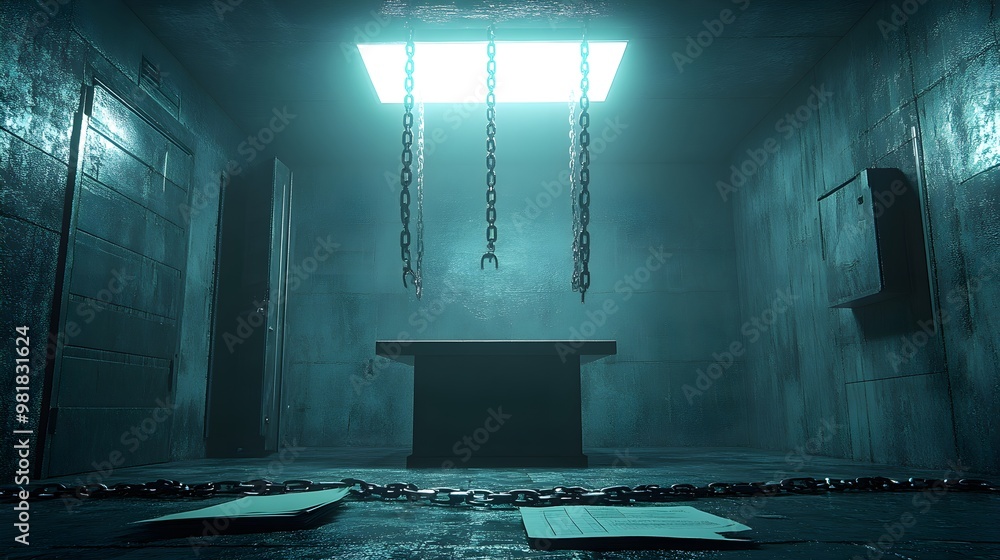 Industrial interrogation chamber, chains clinking on the wall, a file ...