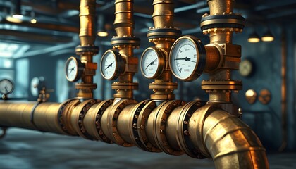 Poster - Vintage industrial steam pipes with intricate brass textures and mechanical gauges illuminated by warm ambient lighting