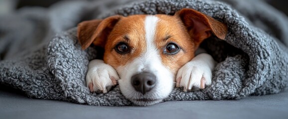 Wall Mural - Cute Jack Russell Terrier Dog Wrapped in Blanket