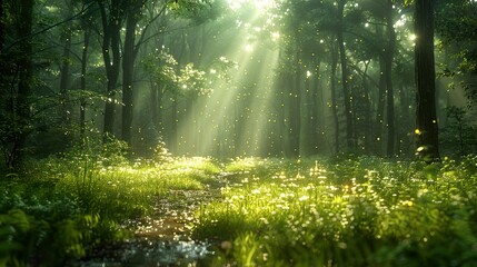 Wall Mural - Enchanted Forest: Sunbeams and Fireflies