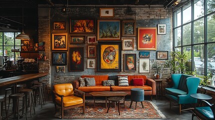 Wall Mural - A cozy coffee shop with gallery walls displaying local artwork, mismatched vintage furniture, and vibrant pops of color. The space has a creative and eclectic vibe,