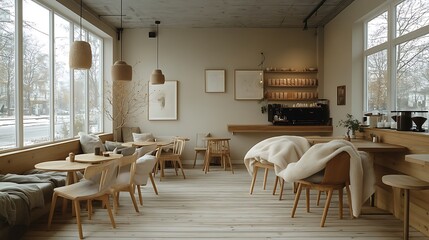 Poster - A cozy Scandinavian coffee shop with soft pastel tones, light wooden furniture, and simple decor. Cozy throws are draped over chairs, and large windows let in soft natural light, creating a warm,