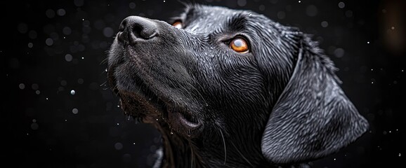 Poster - Black Labrador Retriever Dog Looking Up With Rain Drops