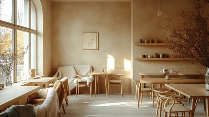 Poster - A minimalist Scandinavian coffee shop featuring pastel walls, simple wooden tables, and cozy blankets on chairs. Soft natural lighting fills the space,