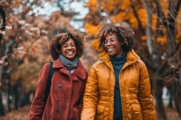 Two African-American women in vibrant autumn attire sharing a joyful moment during a leisurely walk in a park adorned with fall foliage. 