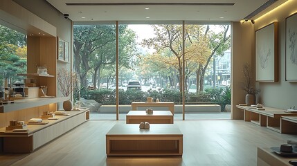 Poster - A minimalist zen coffee shop with light wooden tables, neutral color tones, and large windows bringing in natural light. Simple, clean lines and airy spaces create a calm,