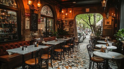 Wall Mural - A quaint Parisian bistro with marble-top tables, wrought iron chairs, and vintage lighting. The warm, inviting space is filled with natural light,