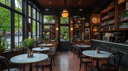 Poster - A quaint Parisian bistro with marble-top tables, wrought iron chairs, and vintage lighting. The warm, inviting space is filled with natural light,