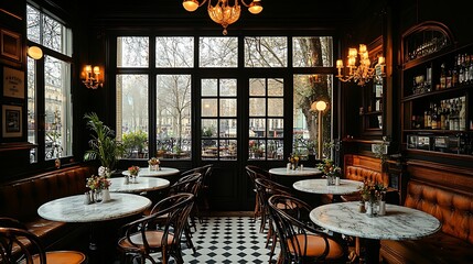 Poster - A quaint Parisian bistro with marble-topped tables, wrought iron chairs, and elegant chandeliers. Soft natural light streams through large windows, creating a charming,