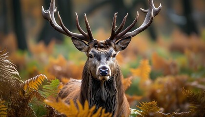 Wall Mural - Majestic red deer stag amidst lush bracken foliage