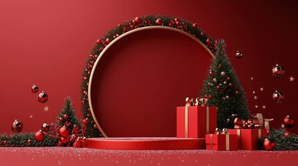 3D rendered podium with Christmas decorations and gift boxes on the floor, red background with circular