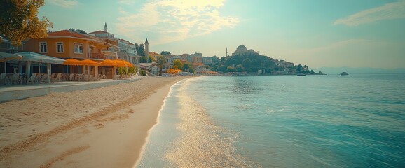 Idyllic Coastal Town with Sandy Beach and Turquoise Waters