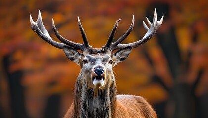 Wall Mural - Majestic young red deer stag vocalizing during autumn rut season