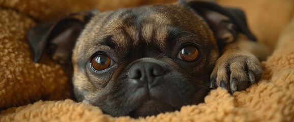 Wall Mural - Close-up Portrait of a Pug Puppy with Big Brown Eyes Resting on a Blanket