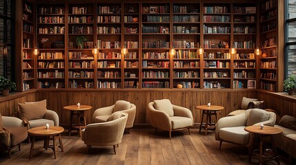 Wall Mural - Bookshop café interior with wooden shelves filled with books, small wooden tables, and plush armchairs. Warm ambient lighting and soft natural light create a cozy,