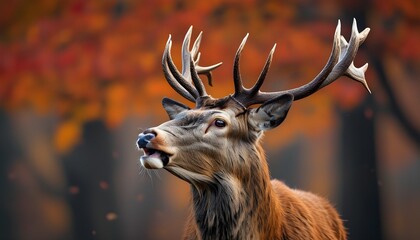 Majestic young red deer stag vocalizing during autumn rut season