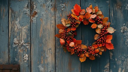 Wall Mural - Autumn Wreath on Weathered Wooden Door