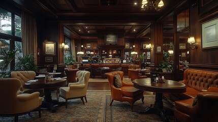 Wall Mural - Classic coffee house with dark wooden tables, plush armchairs, and warm ambient lighting.