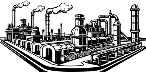 Stylized Vector Illustration of an Industrial Pipeline for Petrochemicals, Including Gas Processing, Furnace Line, and Chemical Manufacturing in Black