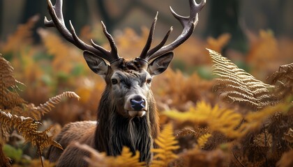 Wall Mural - Majestic red deer stag amidst lush bracken foliage