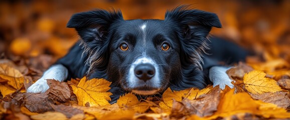 Poster - Border Collie Dog Lying in Autumn Leaves