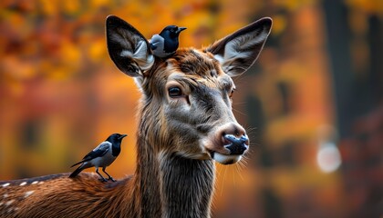 Wall Mural - Majestic red deer stag surrounded by jackdaws in vibrant autumn foliage during the rutting season