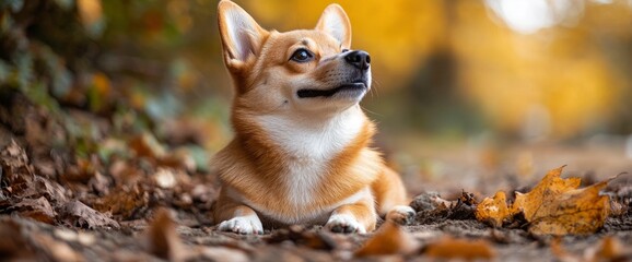 Wall Mural - Cute Corgi Dog Laying in Autumn Leaves