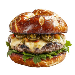 Spicy Jalape?o Burger with Pepper Jack Cheese on Pretzel Bun in Centered White Background