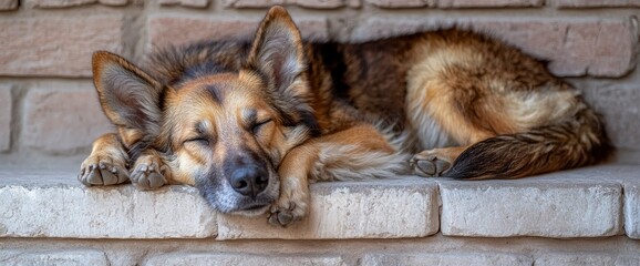 Poster - Sleepy German Shepherd Dog Resting on Brick Steps