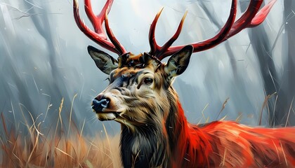 Majestic red deer stag adorned with velvet antlers in vibrant spring landscape