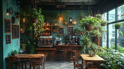 Canvas Print - Cozy coffee shop with an urban jungle theme, featuring abundant hanging plants, large potted trees, and rustic wooden tables. Soft natural light filters through the greenery, creating a warm,