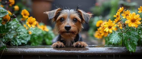 Yorkshire Terrier Dog Looking Up at Camera in the Rain