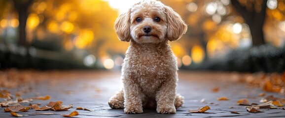 Wall Mural - Adorable Brown Toy Poodle Sitting in Autumn Park