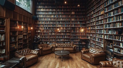 Poster - Cozy vintage library coffee shop with floor-to-ceiling bookshelves, plush leather armchairs, and warm ambient lighting.