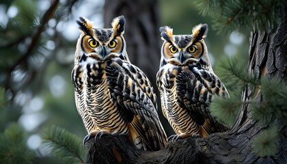 Wall Mural - Majestic great horned owl resting gracefully among the branches