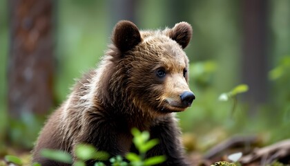 Wall Mural - Intriguing portrait of a young Eurasian Brown bear amidst lush forest greenery