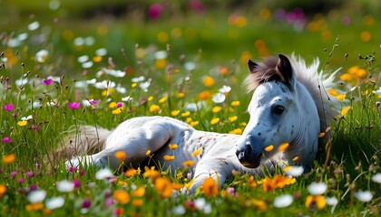 Wall Mural - Shetland pony resting among vibrant wildflowers in a serene meadow