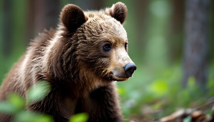 Wall Mural - Intriguing portrait of a young Eurasian Brown bear amidst lush forest greenery