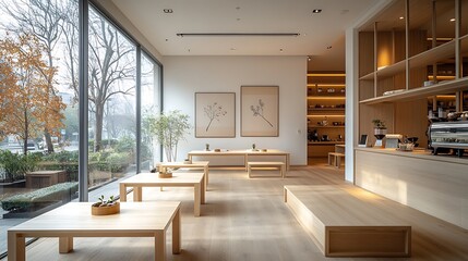 Poster - Minimalist coffee shop with light wooden tables, clean white walls, simple decor, and large windows letting in natural light. The peaceful and open design emphasizes a zen,