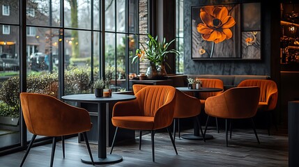 Wall Mural - Modern coffee shop with sleek dark wood tables, plush velvet armchairs, and minimalist decor. Warm, ambient lighting highlights the sophisticated and cozy environment, offering a stylish,