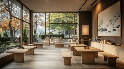 Poster - Modern minimalist coffee shop with light wood tables, simple furnishings, clean lines, and large windows allowing natural light to flood the space.