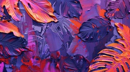 hues of red and blue leaves, creating a captivating natural pattern. The vibrant, colorful abstract painting texture features dynamic brush strokes in blue, pink, purple, and yellow.