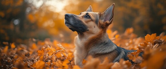 Poster - German Shepherd Dog in Autumn Leaves